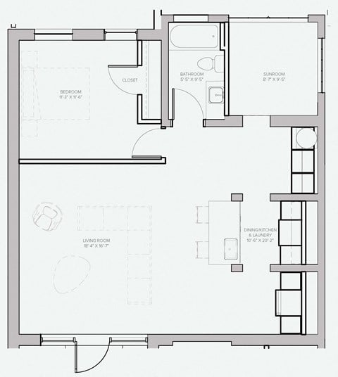 Floor plan for 1 bed, 1 bath, 833 sqft